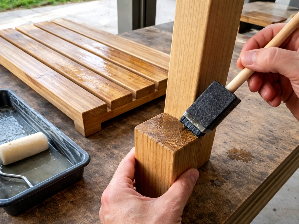 Hands brushing clear spar urethane on outdoor wood end grain and slats for weatherproofing.