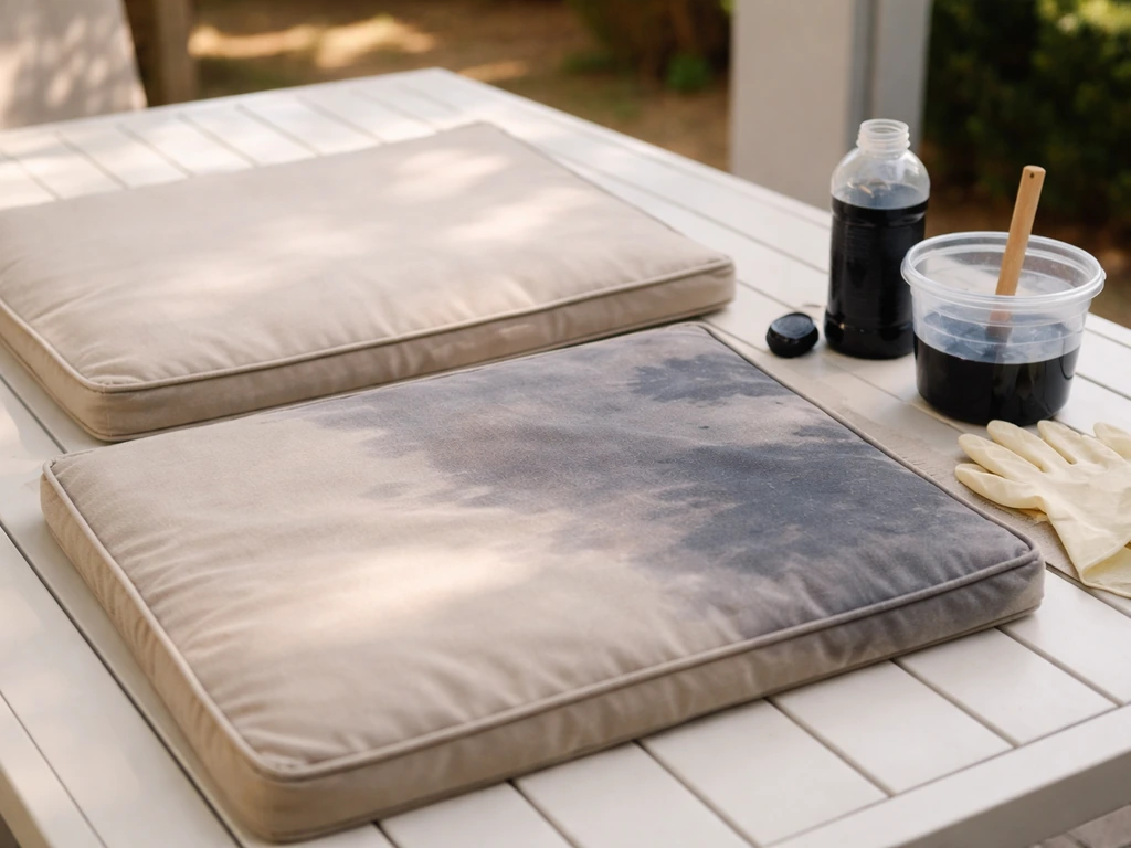 Patio cushion covers beside open fabric dye bottle and gloves on a clean outdoor table