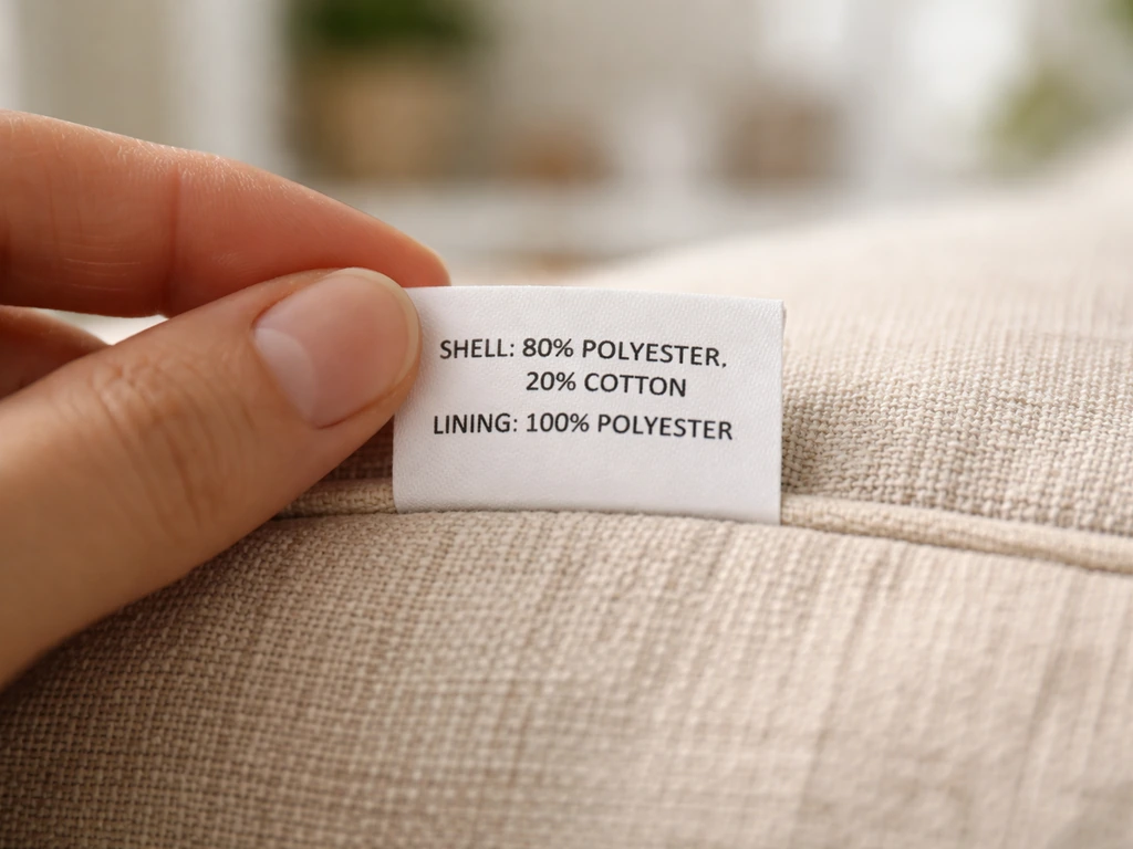 Close-up of a cushion cover care tag with visible fabric fiber content