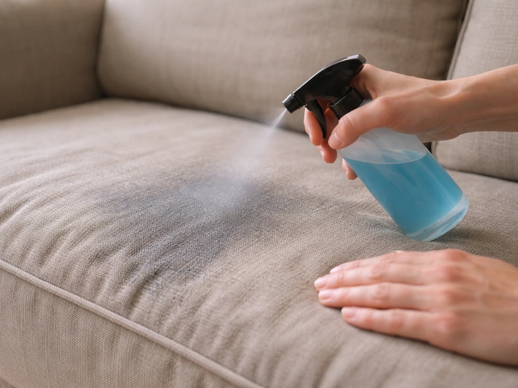 Hands spray fabric dye onto a textured, uneven cushion cover on a sofa in natural light.