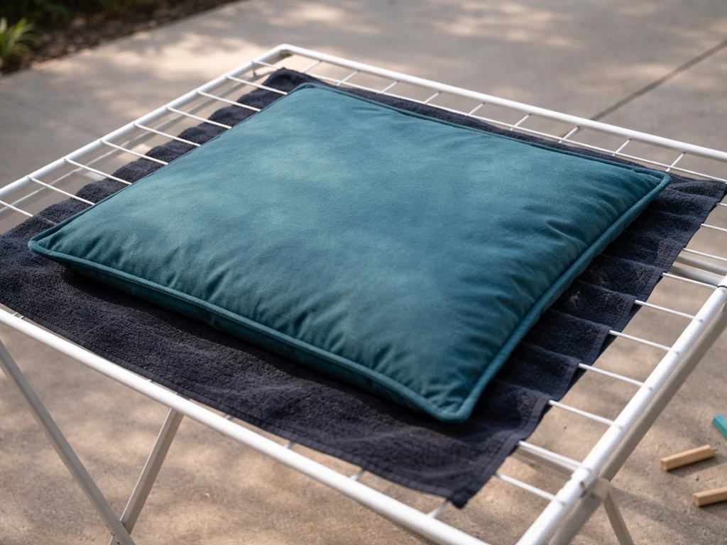 Freshly dyed outdoor cushion cover drying in the shade on a rack beside a dark towel.