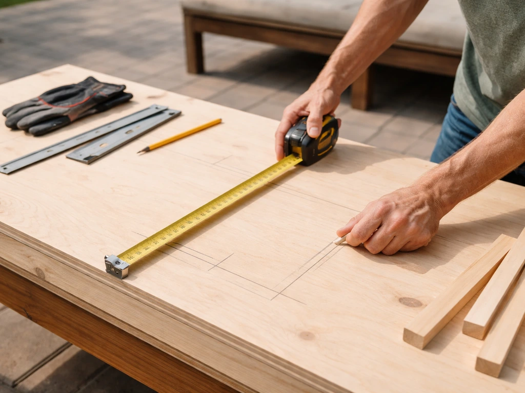Person measuring an outdoor sofa layout on plywood with a tape measure and marked seat depth