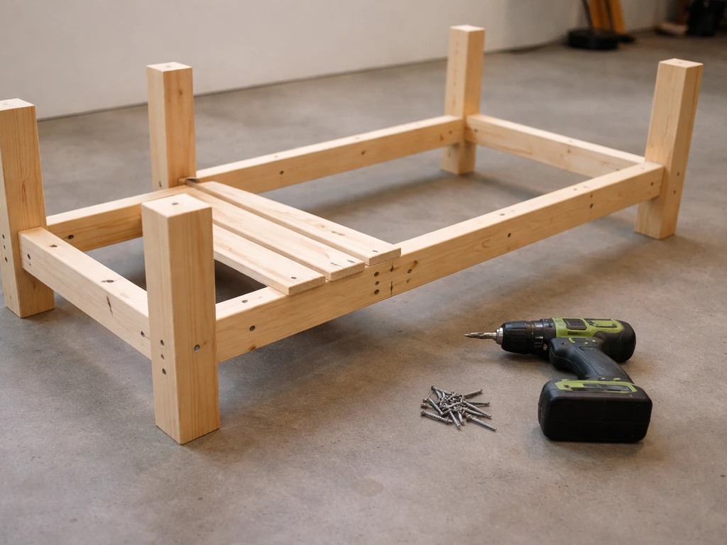 DIY bench frame assembly with four 2x4 legs and a seat/back frame being screwed together in a workshop.