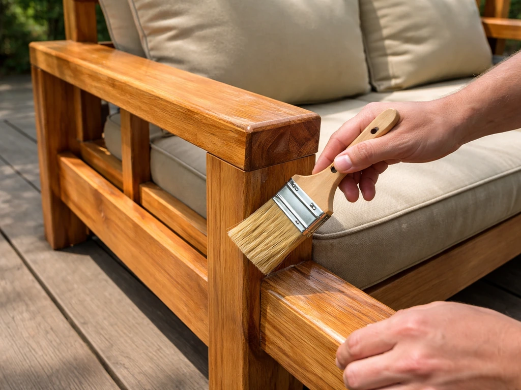 Person brushing clear weatherproof sealant onto an outdoor wooden couch frame