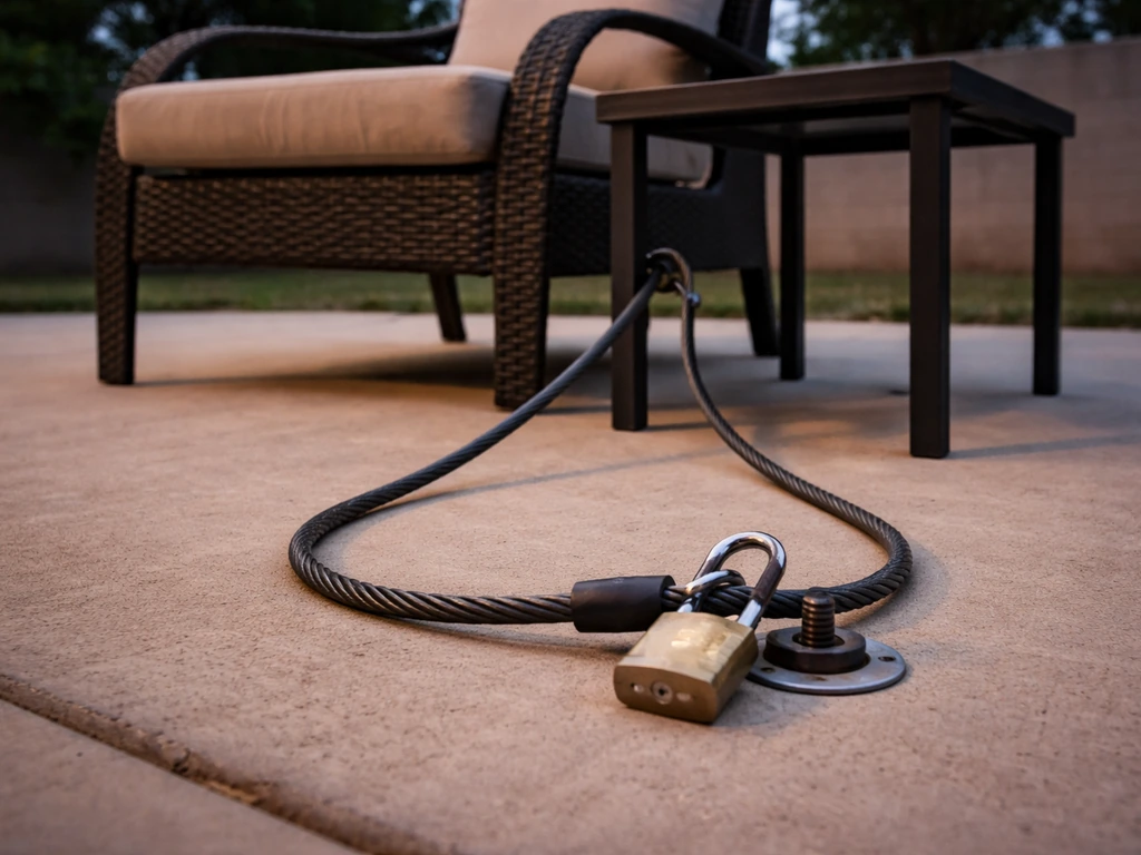 Low-angle patio view showing chair and table secured with a thick cable and anchored padlock.