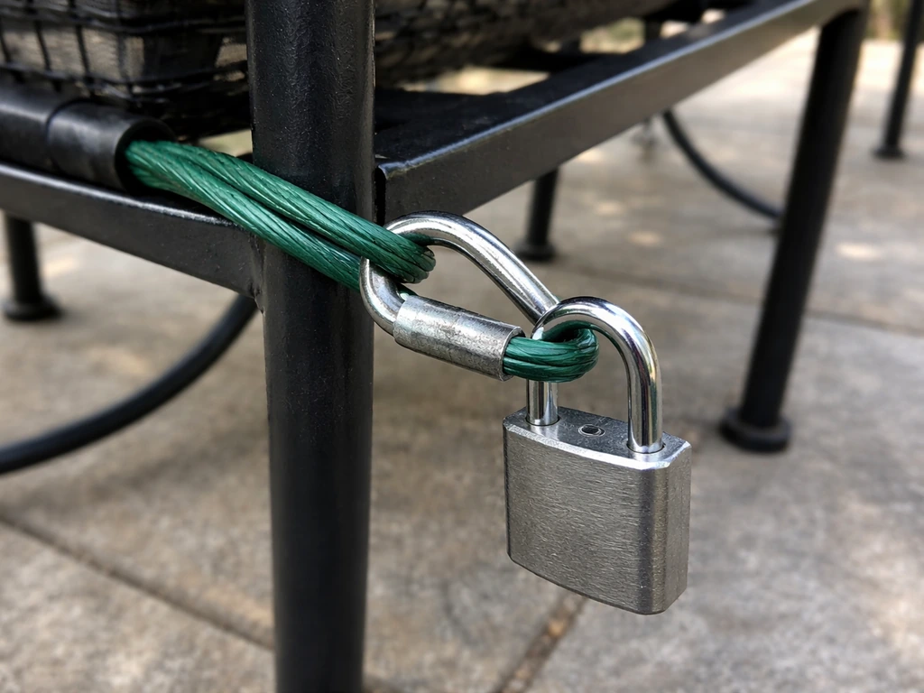 Close-up of a PVC-coated steel cable looped through patio furniture frames, secured with a hardened padlock.