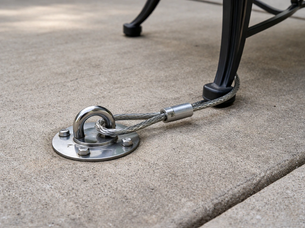 Concrete patio with a ground anchor and cable loop secured to outdoor patio furniture hardware.