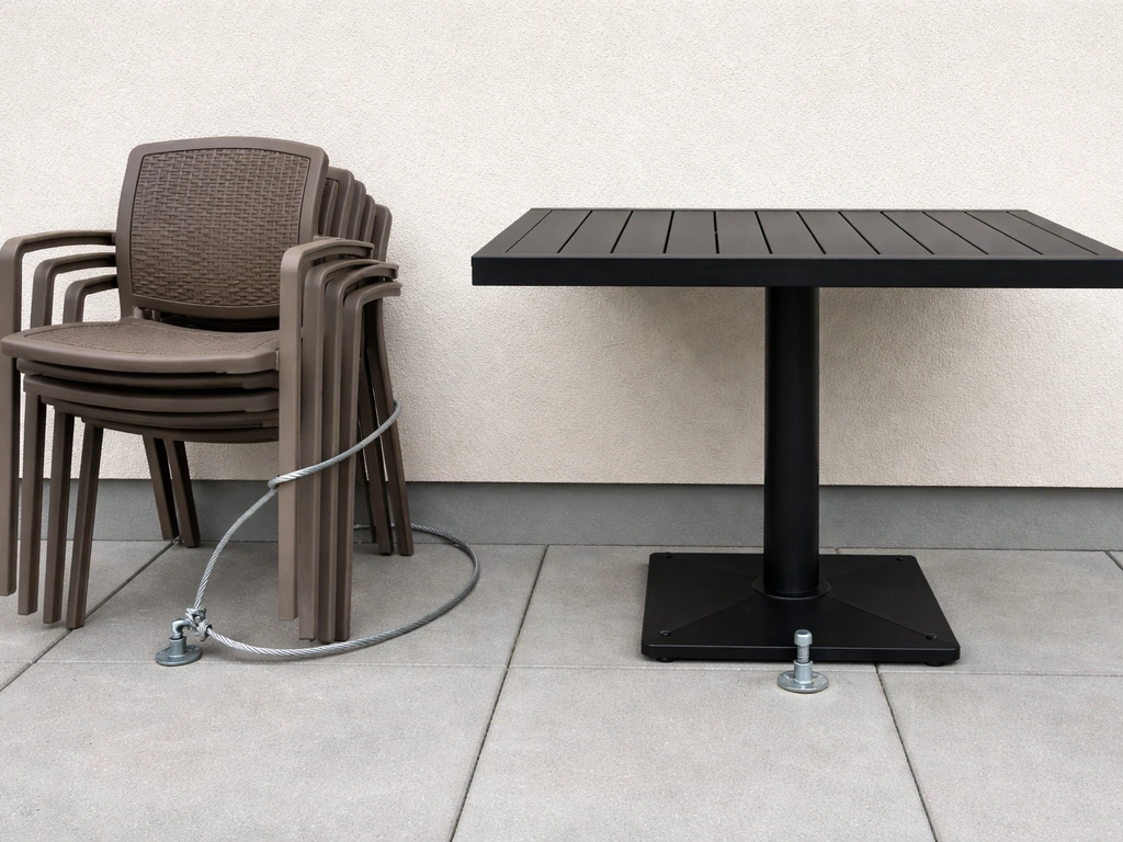 Stack of lightweight resin chairs cable-locked to a ground anchor beside a heavy anchored table