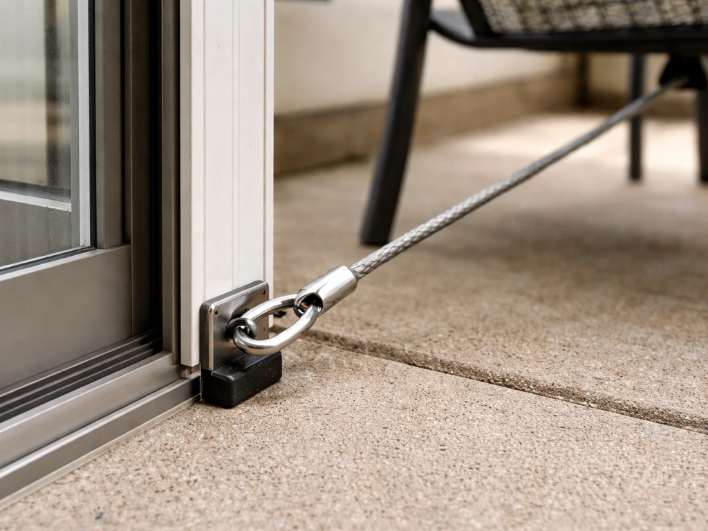 No-drill patio door anchor beside a sliding door with a cable securing an outdoor chair.