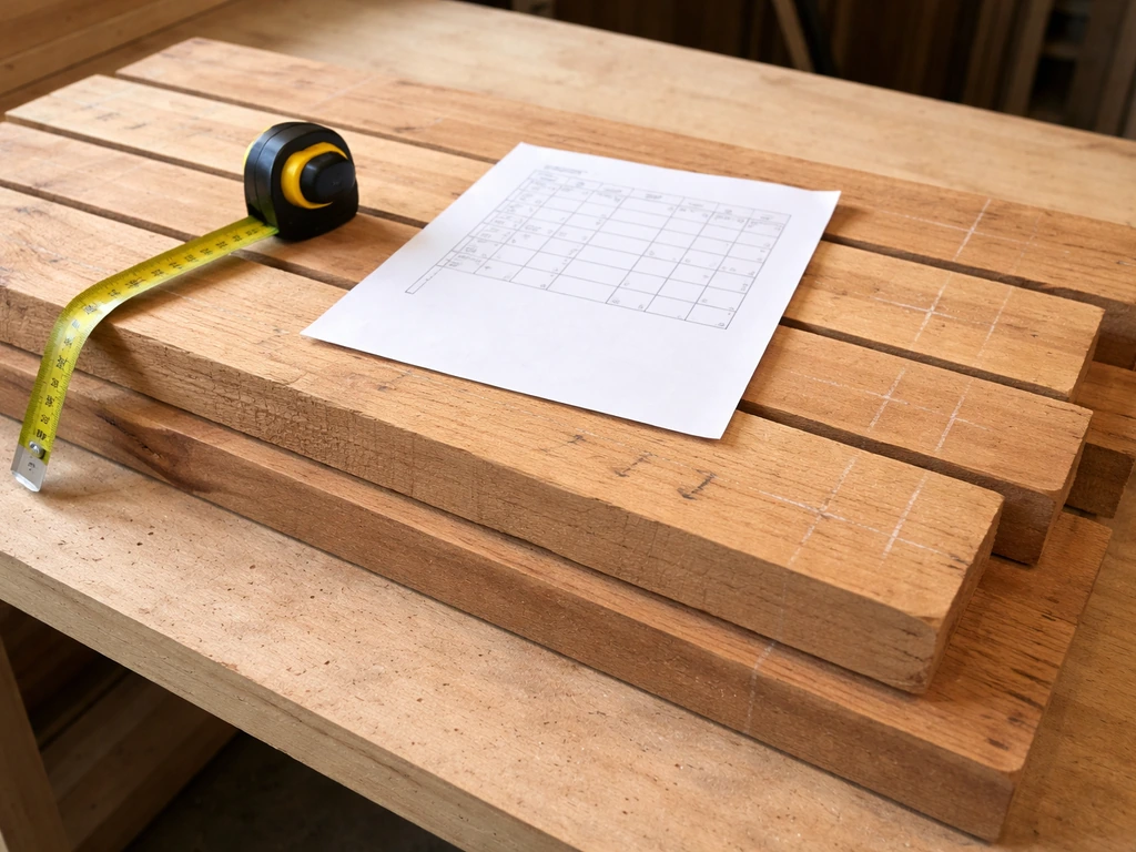 Tape measure and printed cut list resting on cedar boards with marked chair-part dimensions