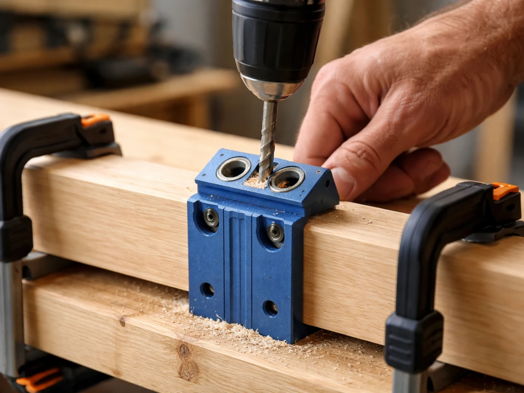Hands drilling pocket holes into a wooden rail secured in a pocket-hole jig with clamps