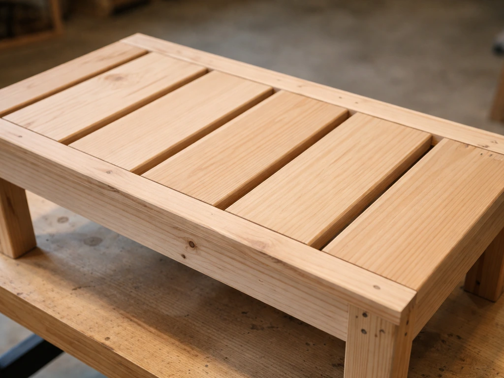 Wood bench seat frame with four slats laid across, evenly spaced with visible drainage gaps.