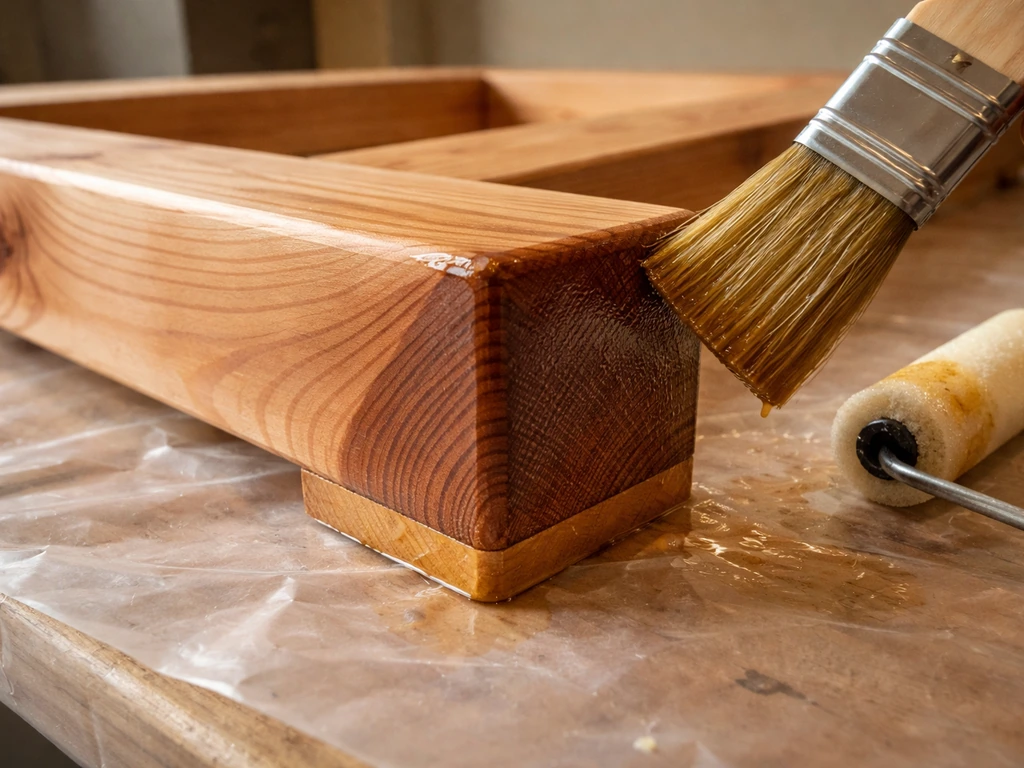 Brush rolling spar urethane onto cedar end grain and leg bottoms in a simple woodworking setup.