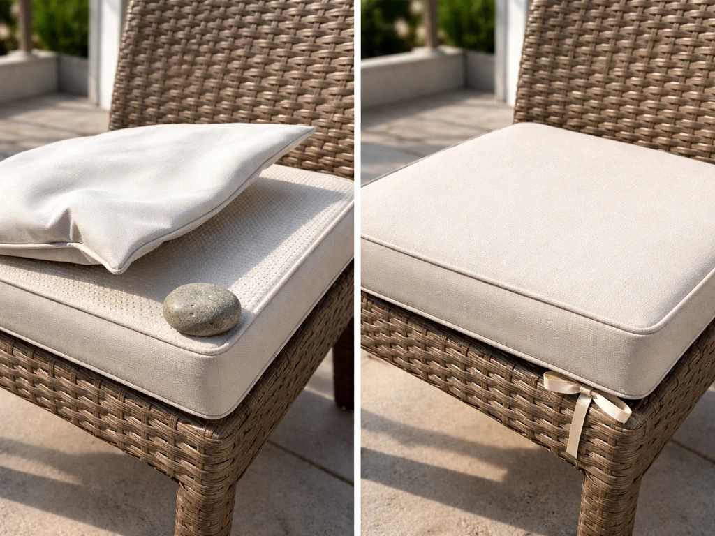 Outdoor patio chair cushions: one lifted by wind, the other anchored with anti-slip pad and tie.