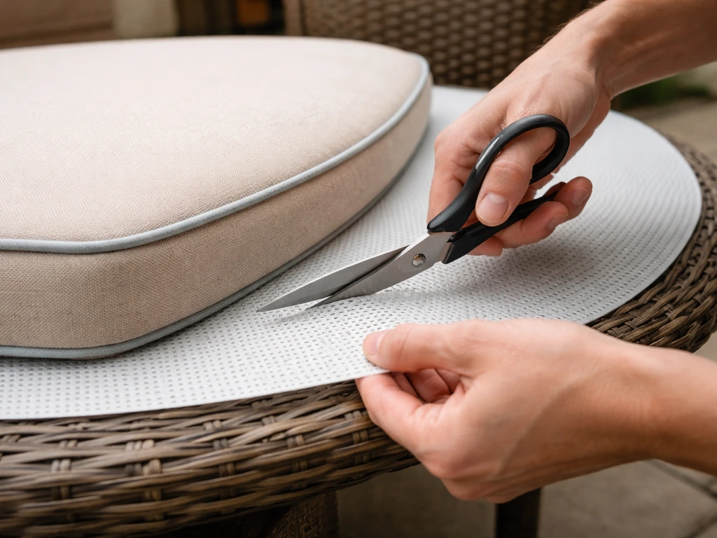 Hands trimming a non-adhesive grip shelf liner to fit a patio cushion