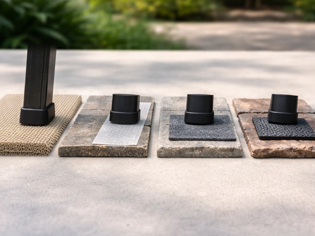 Patio furniture feet on four different surface samples showing non-slip grips: shelf liner, rug tape, textured mat, and