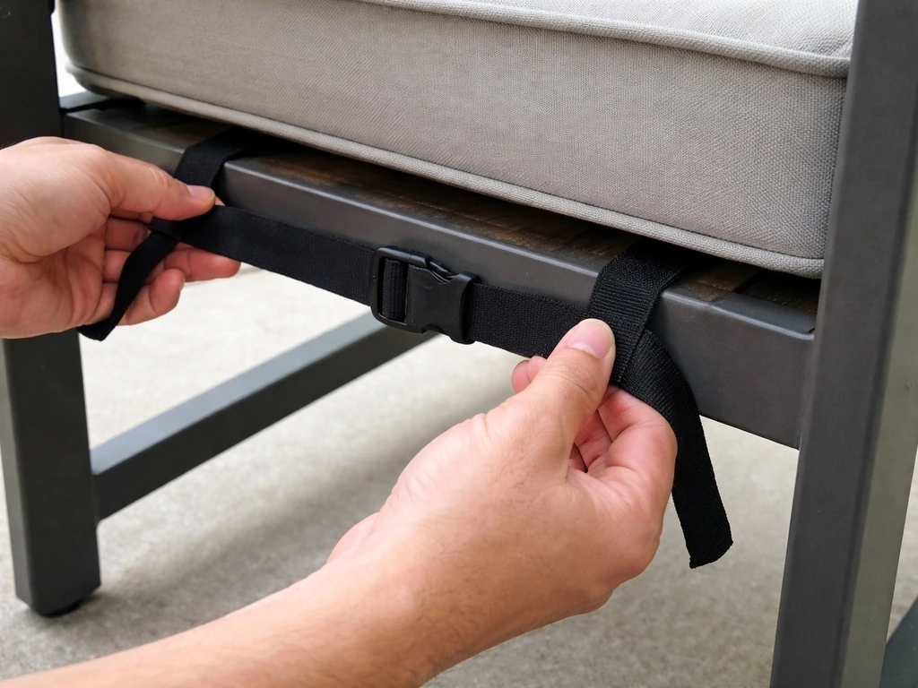 Elastic strap with buckle installed underneath a patio chair seat, looping over cushion edges