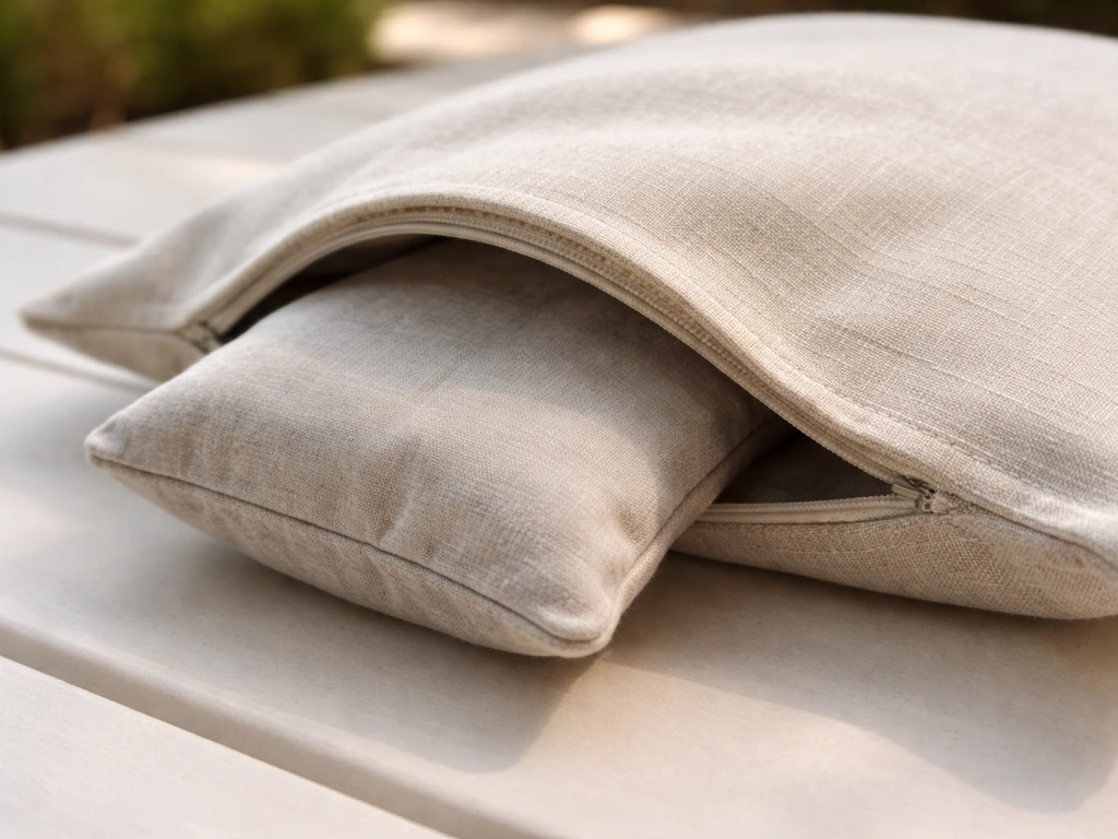 Close-up of weighted insert tucked inside a patio pillow cover to help keep it in place.