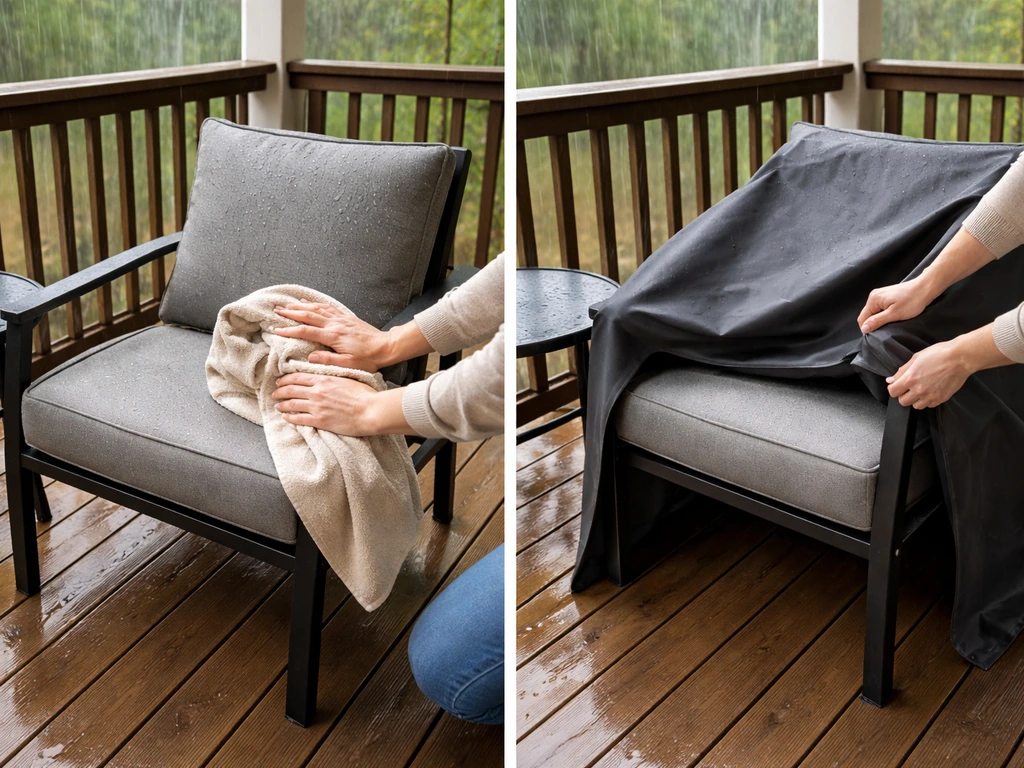 Hands towel-drying an outdoor chair on a covered deck while rain falls, with a cover being pulled on.