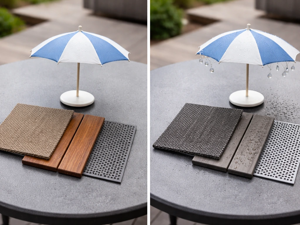 Patio material samples with a small rain icon and umbrella on a wooden table in natural light