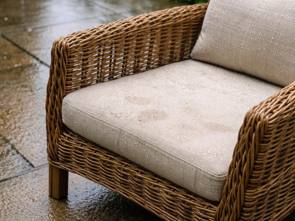 Natural wicker patio chair with damp, darkened woven strands and water droplets after rain.