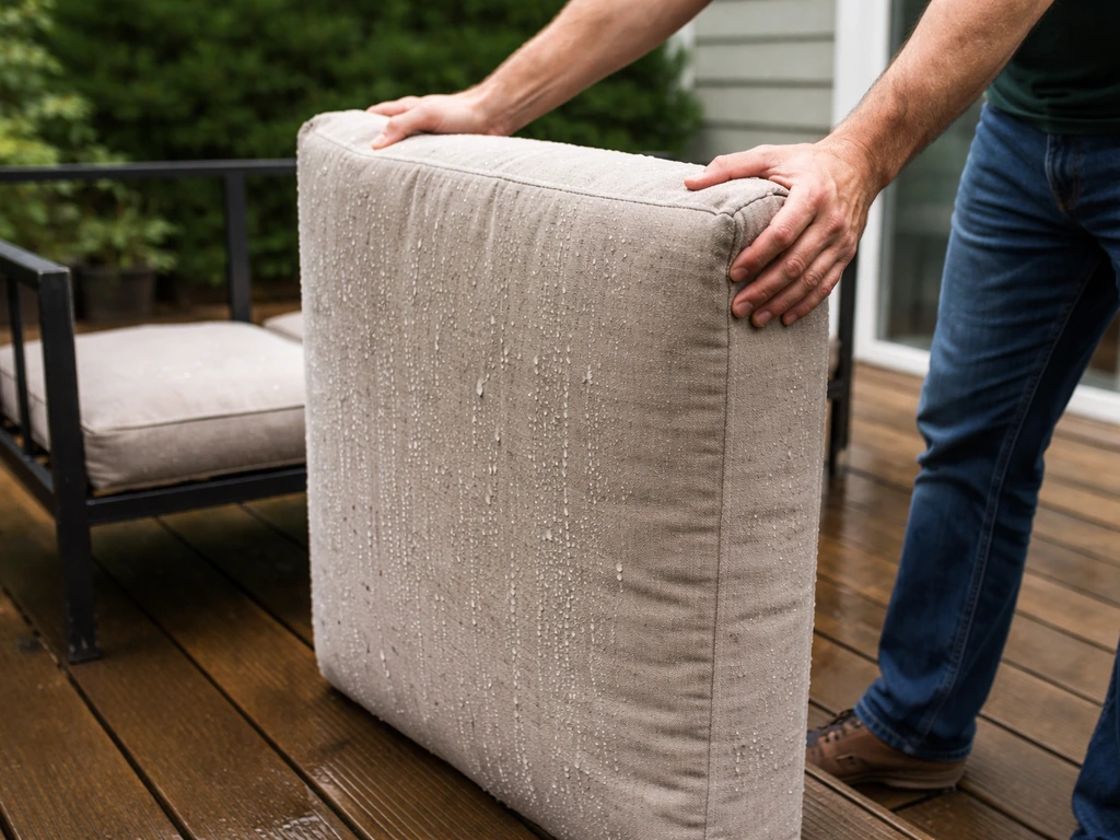 Soaked outdoor cushions removed and standing on edge to drain, with a patio furniture frame in the background.