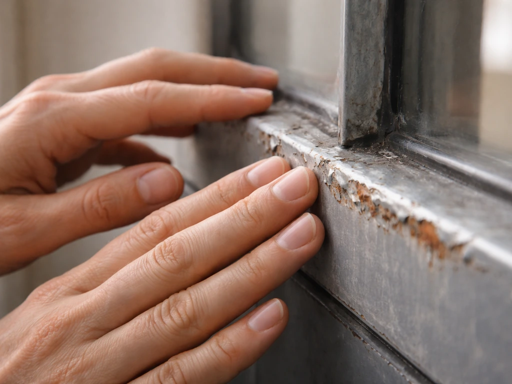 Close-up hands inspecting a dried metal frame for early rust and coating damage