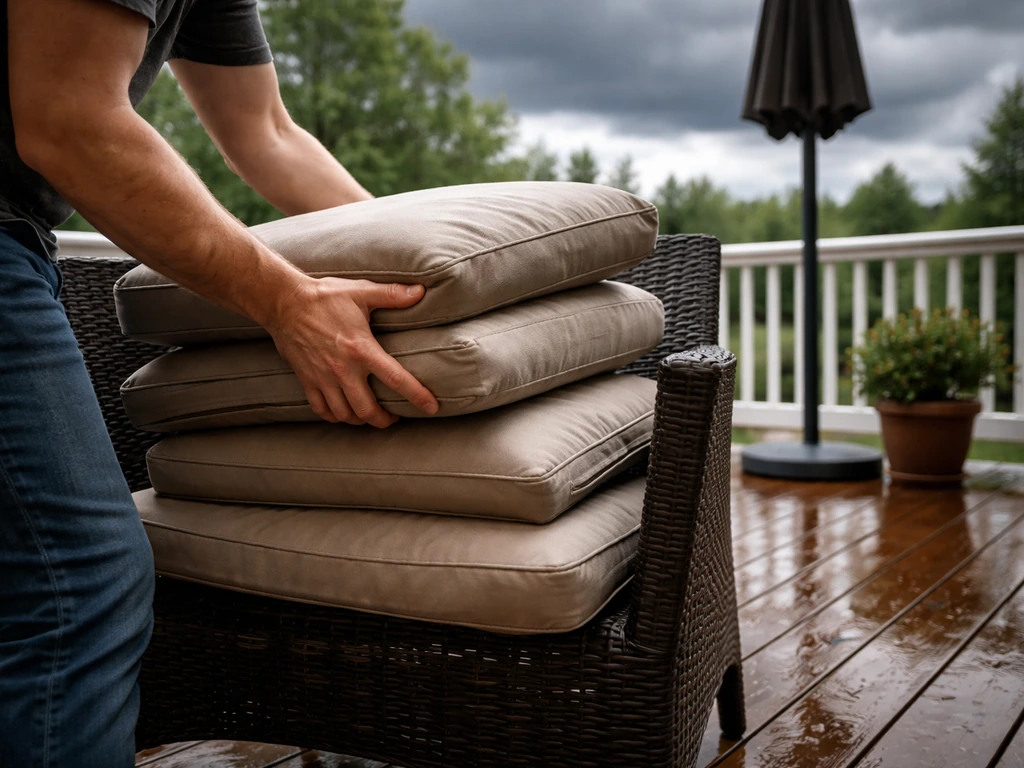Hands stacking outdoor patio cushions on a chair as rain clouds roll in over a wet porch.