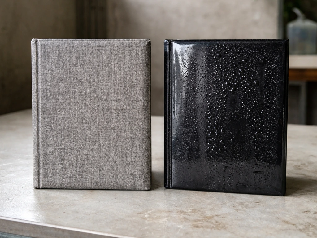 Two book-cover material samples side by side showing condensation on vinyl and less moisture on breathable fabric.
