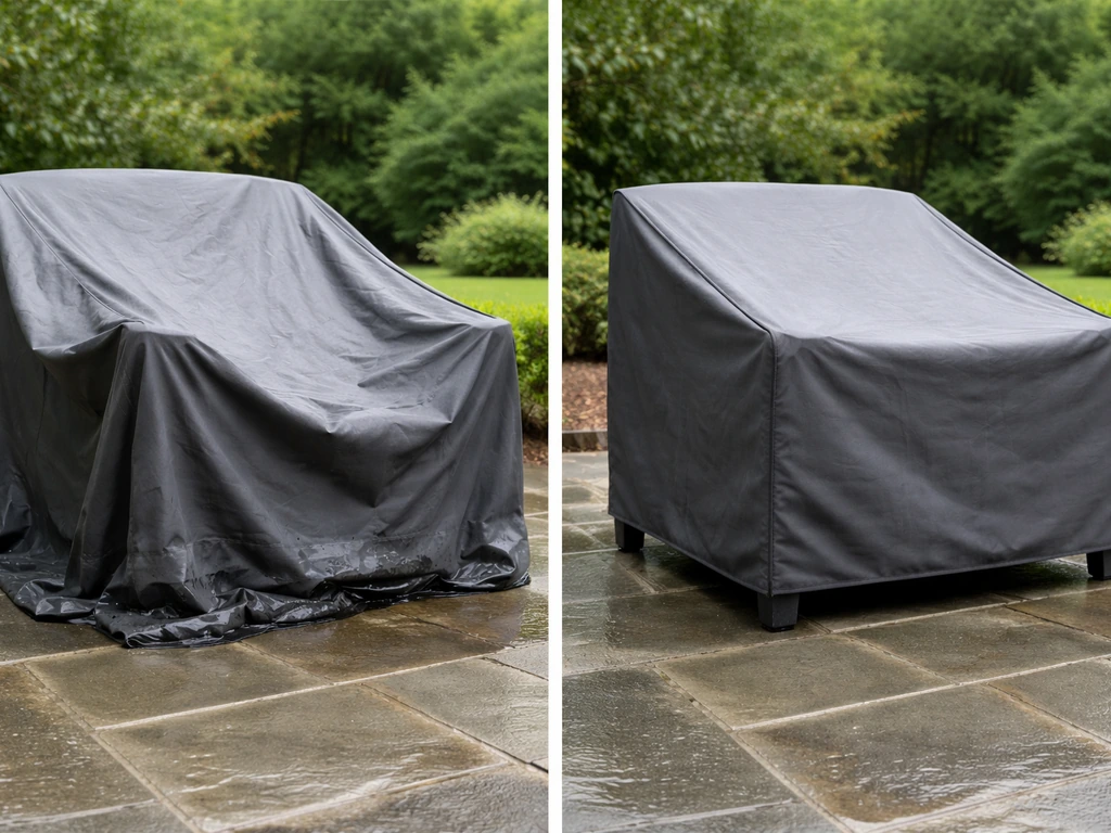 Split view of two patio furniture covers: oversized pooling water vs snug fit with airflow gap.