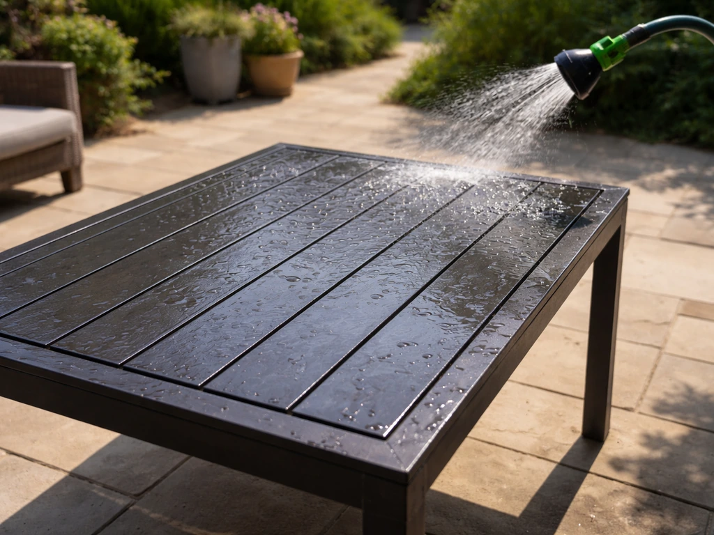 Sunlit patio table drying after rinsing, with water droplets visible and a garden hose nearby.