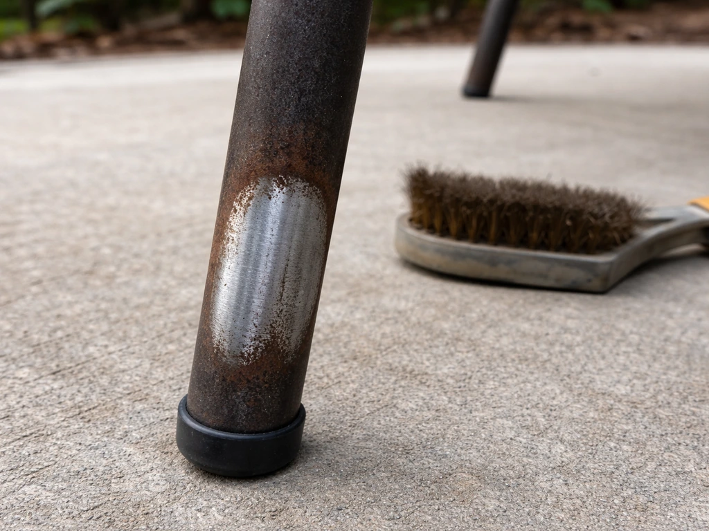 Close-up of patio chair leg with scraped rust and wire-brushed bare metal ready for protective coating