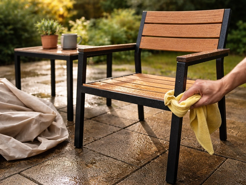 Uncovered patio furniture on a sunny day, cloth wiping dry moisture from chair frame joints after rain.