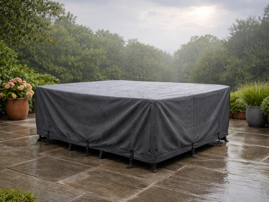 Patio dining set with a properly fitted weather cover in place on a porch during changing sun-to-rain weather.