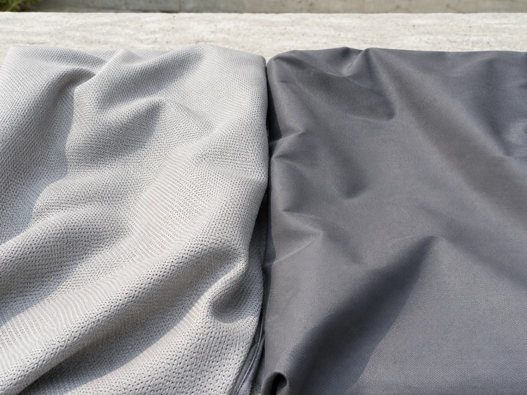 Two patio furniture covers side by side showing breathable mesh fabric and waterproof coated fabric texture