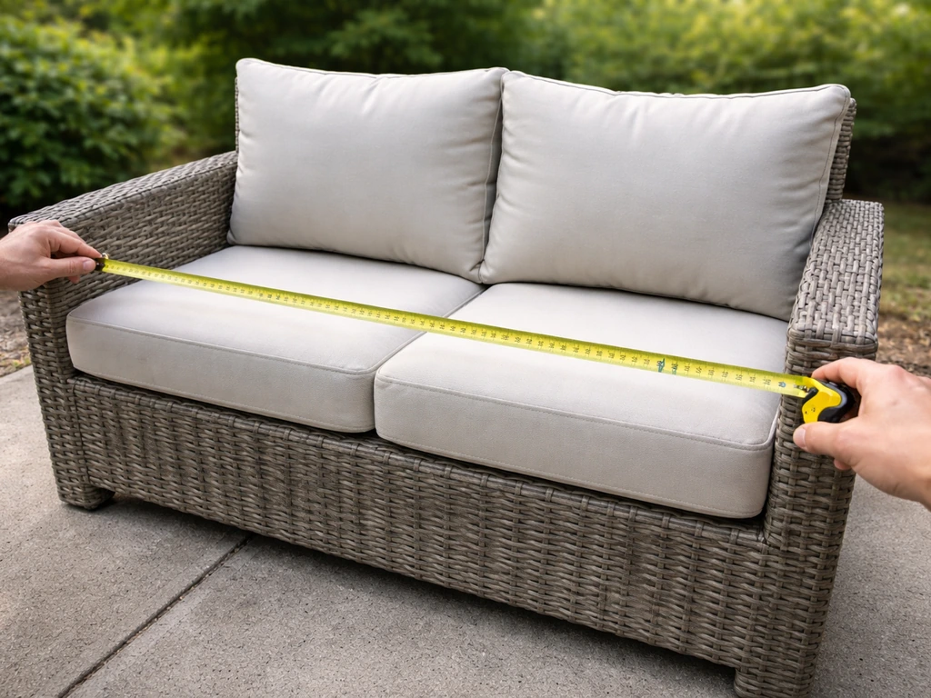 Hands using a tape measure to measure patio furniture width before buying a cover