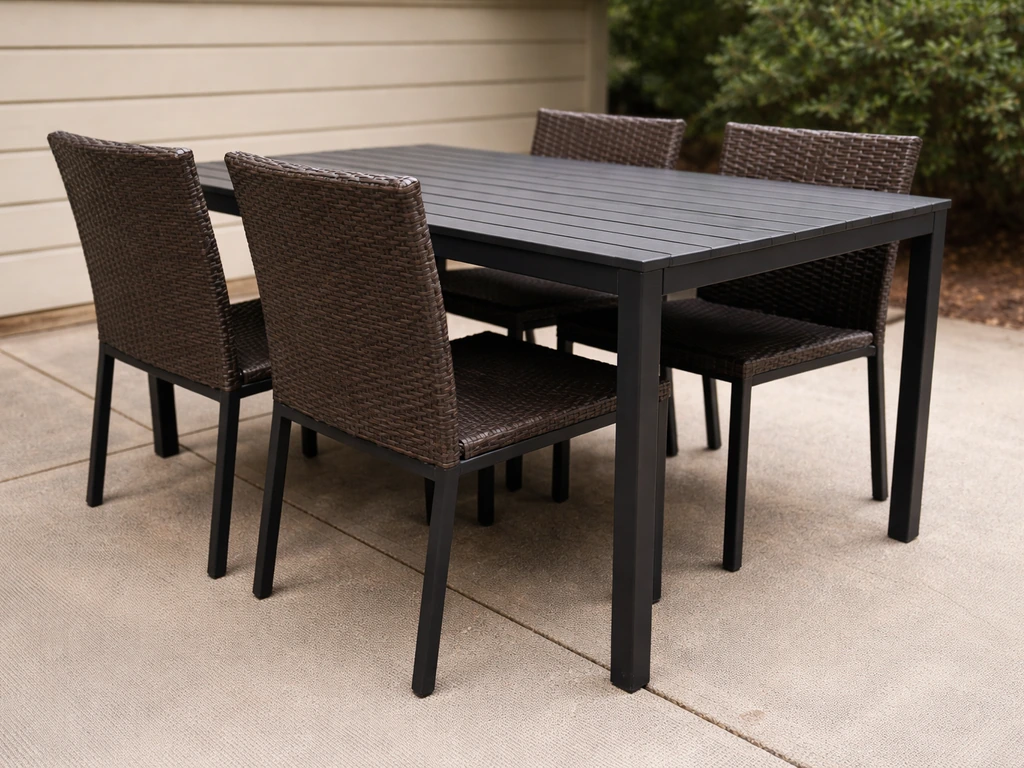 Outdoor dining table with chairs pushed close together and cushions removed for a compact, low-profile setup.