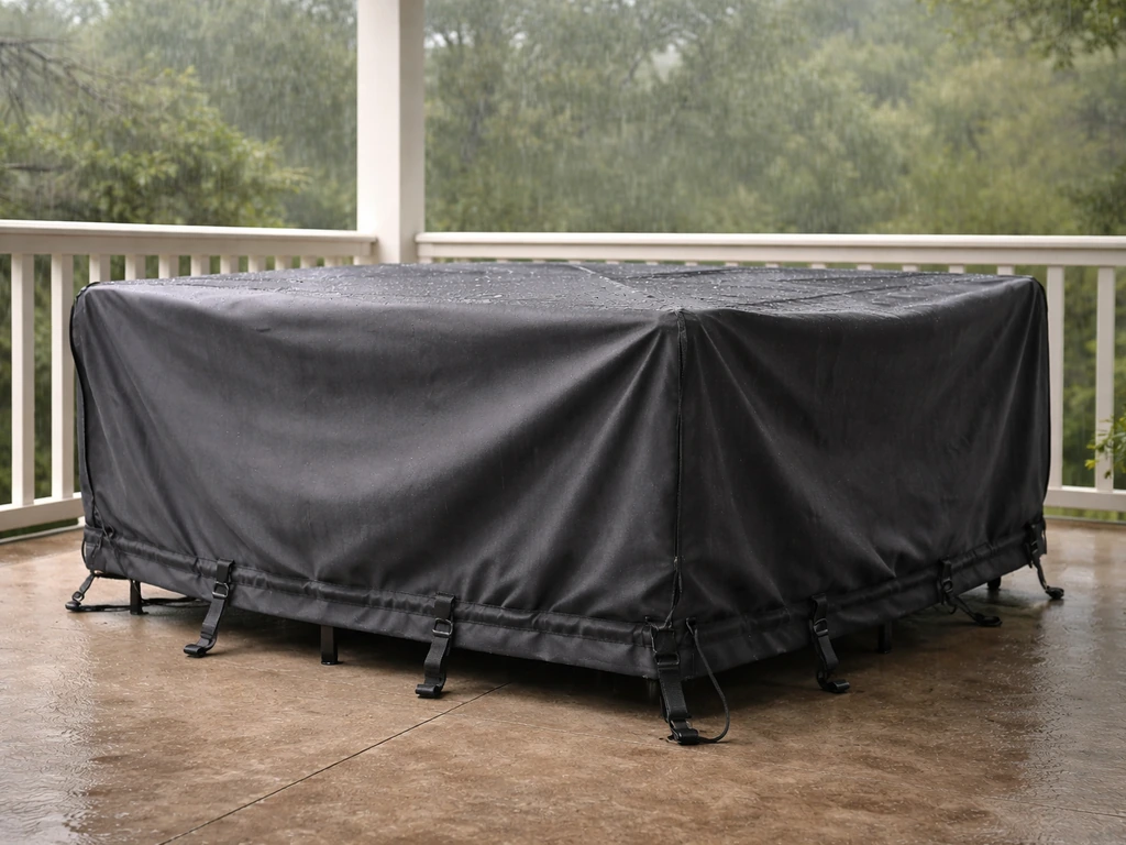 Outdoor patio furniture cover secured with adjustable buckle straps and bungees under a canopy.