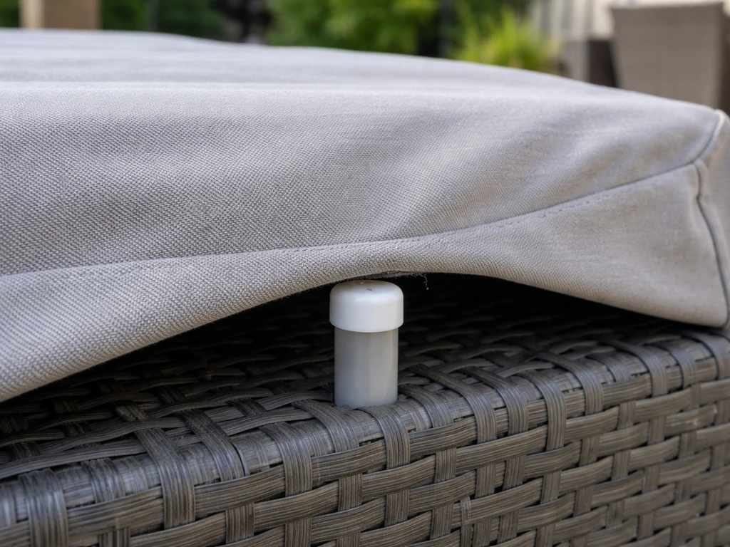 Close-up of a furniture cover held off the surface by a capped PVC spacer for airflow.