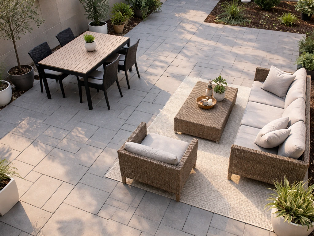Overhead-angled view of an organized patio with separate dining and lounge areas and clear walking paths.