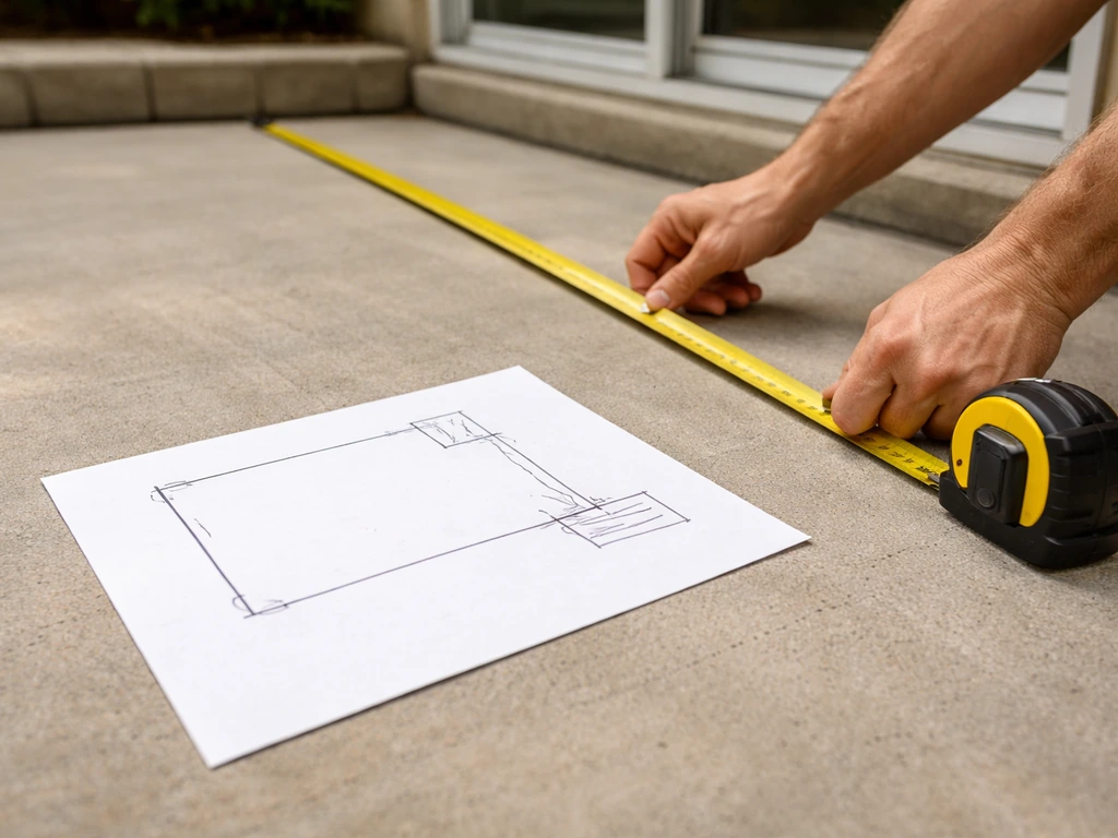 Close-up of tape measure beside a simple patio layout sketch with door and steps marked