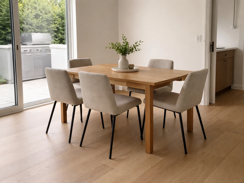Minimal dining table with clear chair space near a kitchen door and grill in a bright home interior.