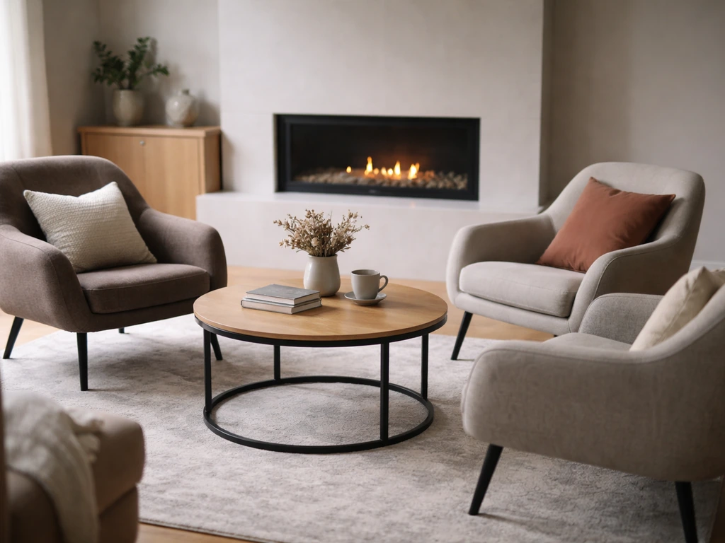 Cozy conversation setup with chairs facing each other around a round coffee table and warm fire pit glow.