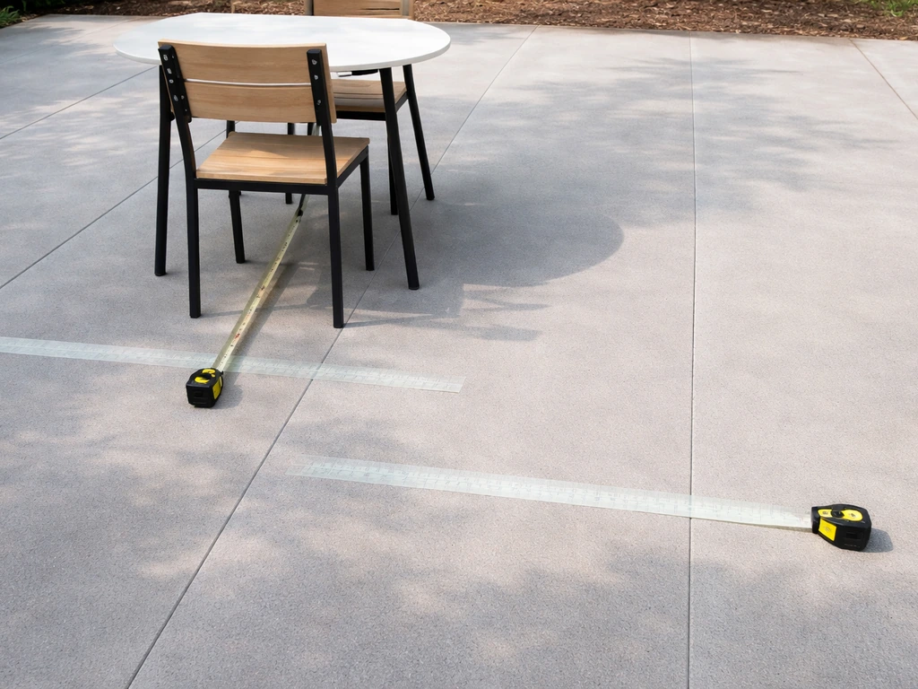 Minimal patio scene with tape measure showing key clearance distances behind dining chairs