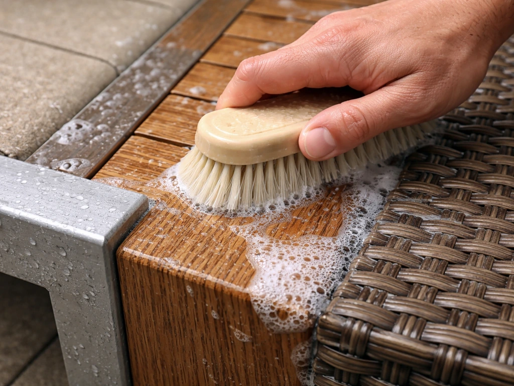 Close-up cleaning patio frames with a soft brush and mild soapy water on aluminum, teak, and resin wicker textures.