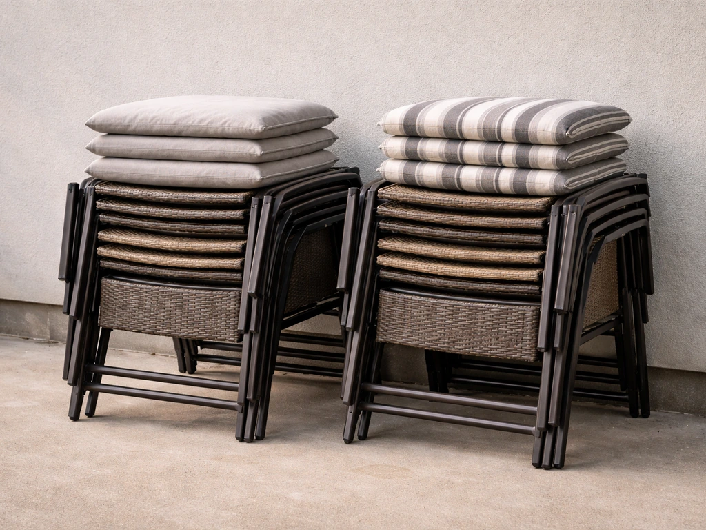 Stacked patio chairs with seat cushions grouped on top, ready to be covered for winter.