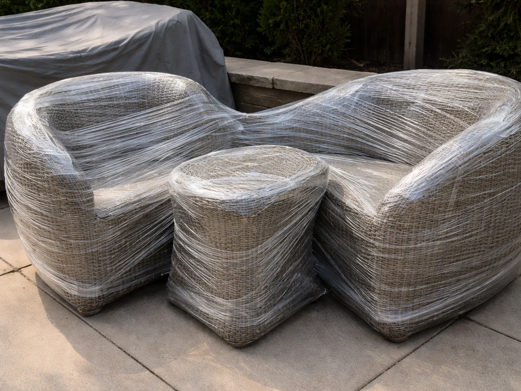 Oddly shaped patio set tightly sealed in clear shrink wrap with secured corners, contrasted by breathable cover nearby.
