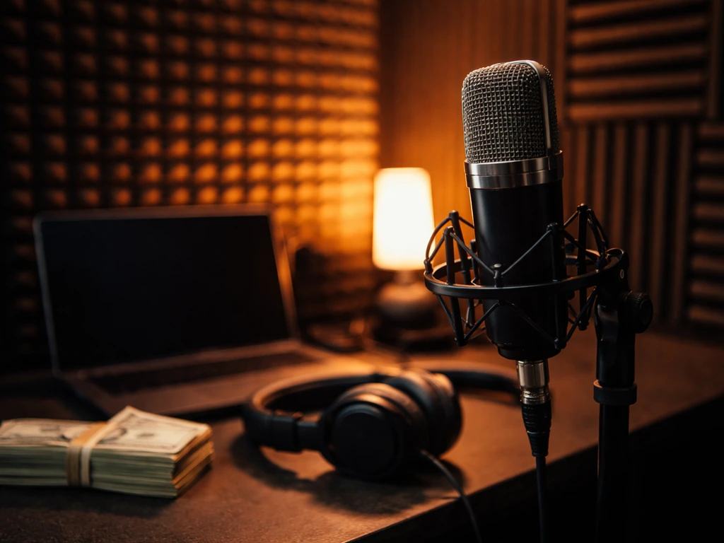 Anonymous hip-hop studio scene with money symbolism and a glowing microphone, representing net worth themes