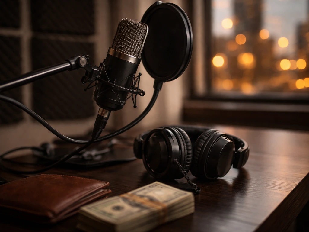 Anonymous music studio scene with microphone and subtle wealth-themed lighting