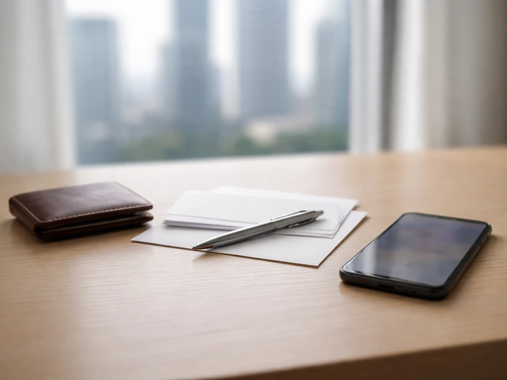 Minimal desk scene with scattered envelopes and a smartphone showing blurred numbers, symbolizing net worth estimates